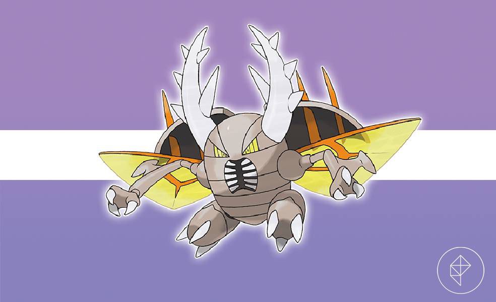 Pokémon Mega Pinsir su uno sfondo viola e bianco
