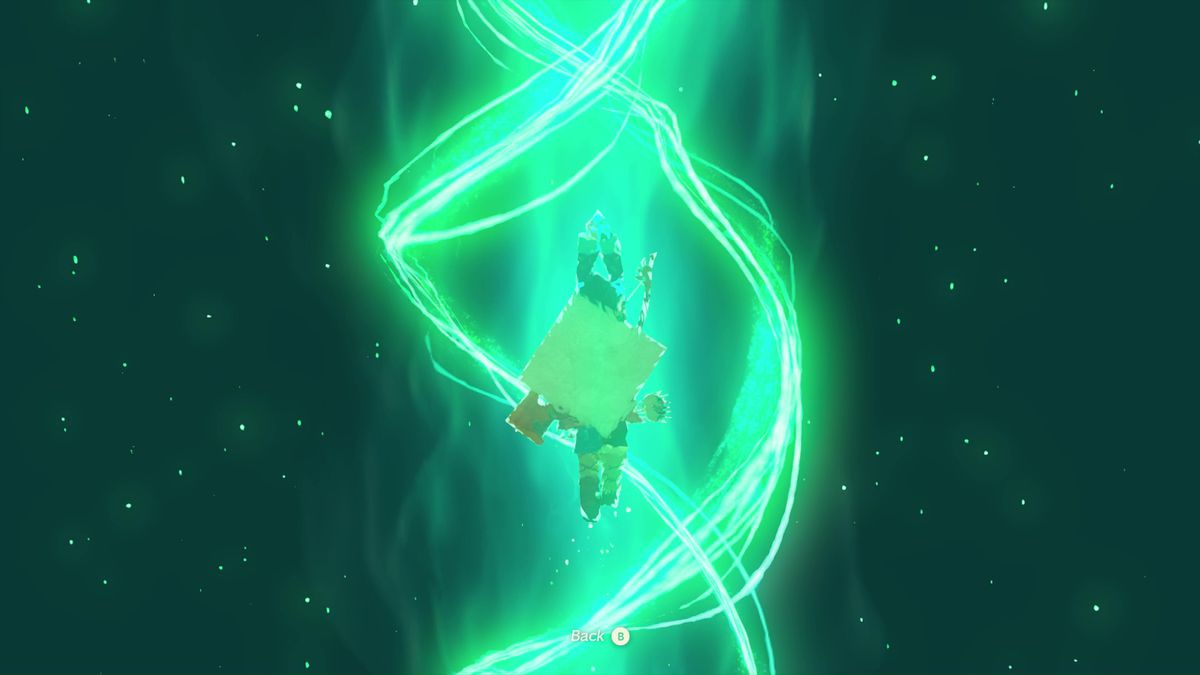 Link usando l'abilità Ascesa in The Legend of Zelda: Tears of the Kingdom, volando verso l'alto con un'elica verde brillante che vortica intorno a lui