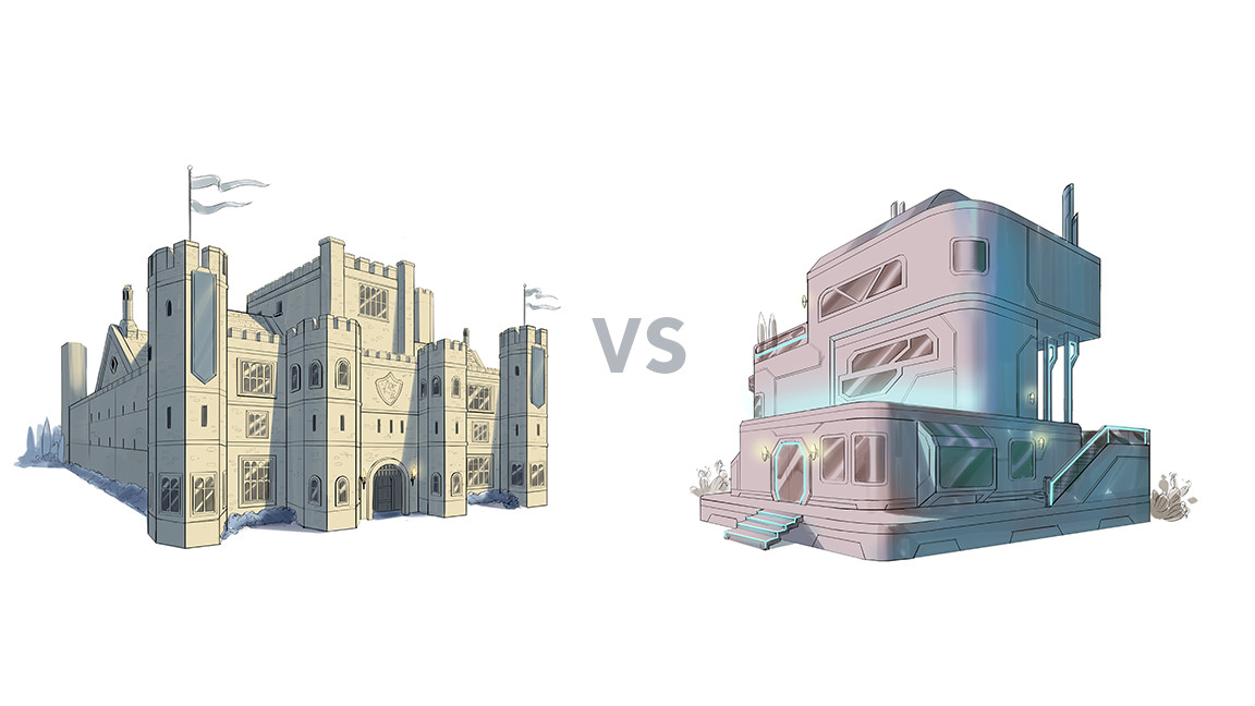 A sinistra c'è un concept art per un castello medievale;  sulla destra c'è il concept art di un'abitazione high-tech simile allo spazio.