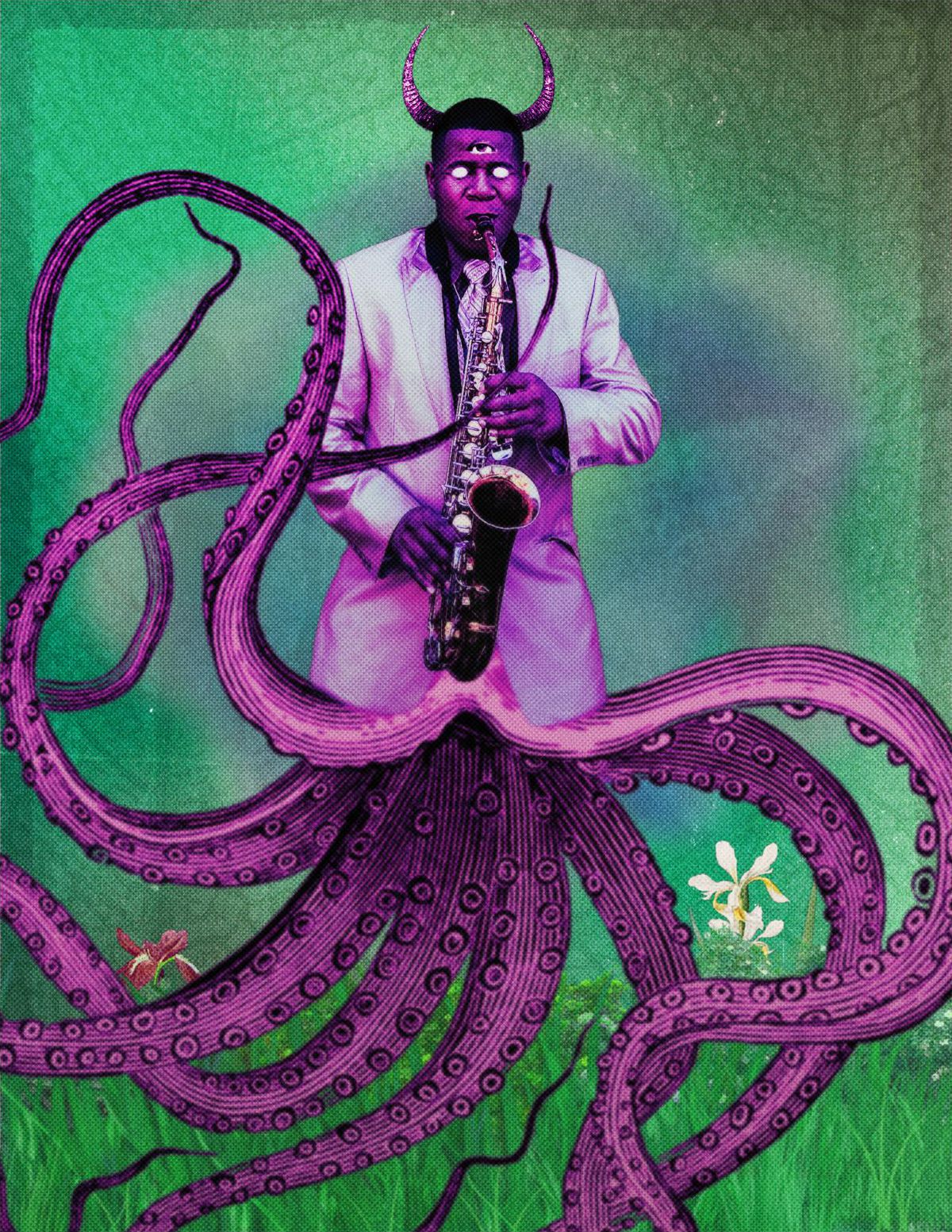 Un suonatore di sassofono viola con otto tentacoli per gambe.  Stanno fluttuando su un campo verde e fiorito.  Illustrazione chiave di Marvelous Mutations & Merry Musicians!
