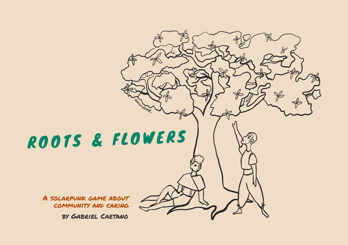 La copertina di Roots & Flowers mostra una coppia di presentazione maschio e femmina sotto un albero in fiore.  Entrambi sono resi con spesse linee nere su una pagina color seppia.  Il sottotitolo è 