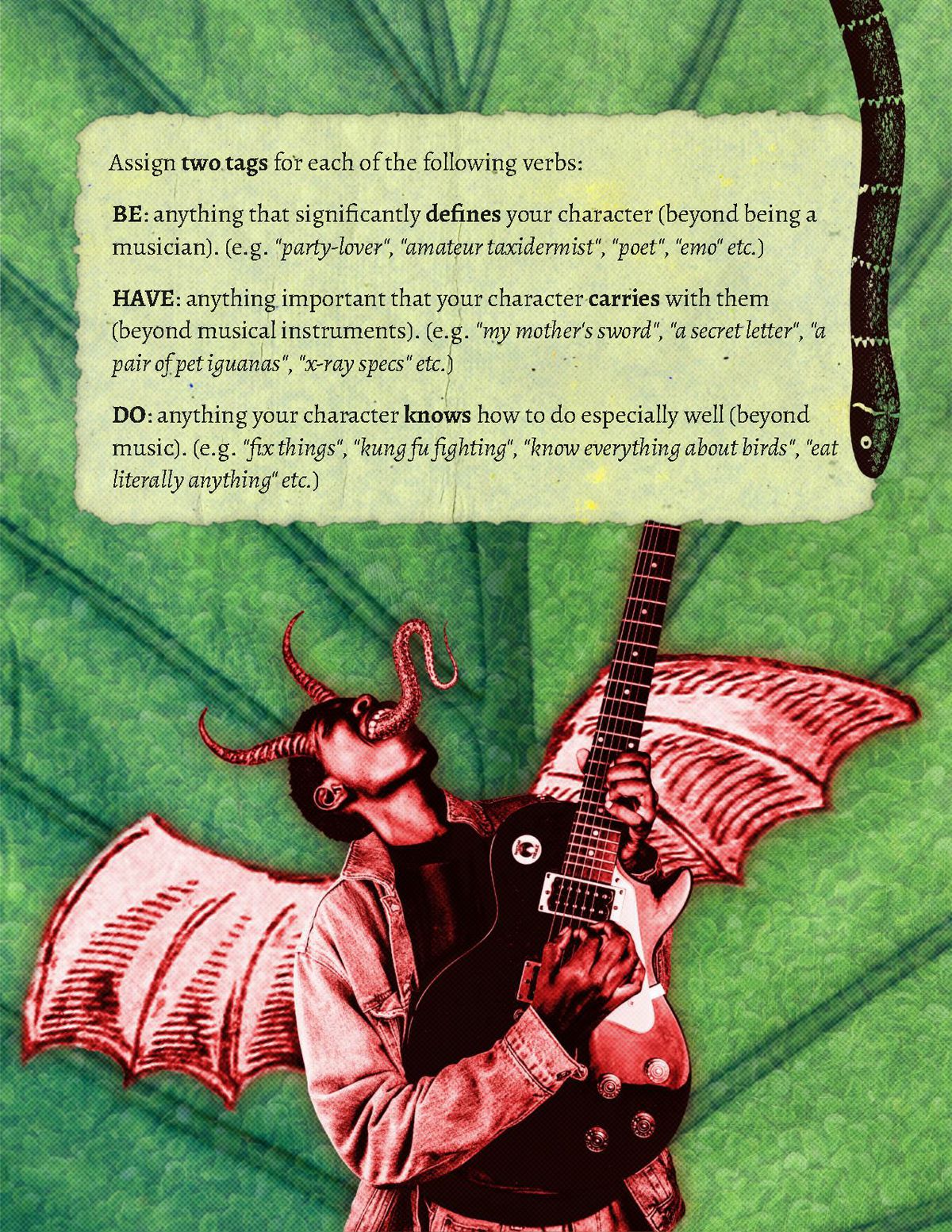 Un uomo demone con una lunga lingua tentacolare e ali suona una chitarra nera.  Da Marvelous Mutations di Wendy Yu.