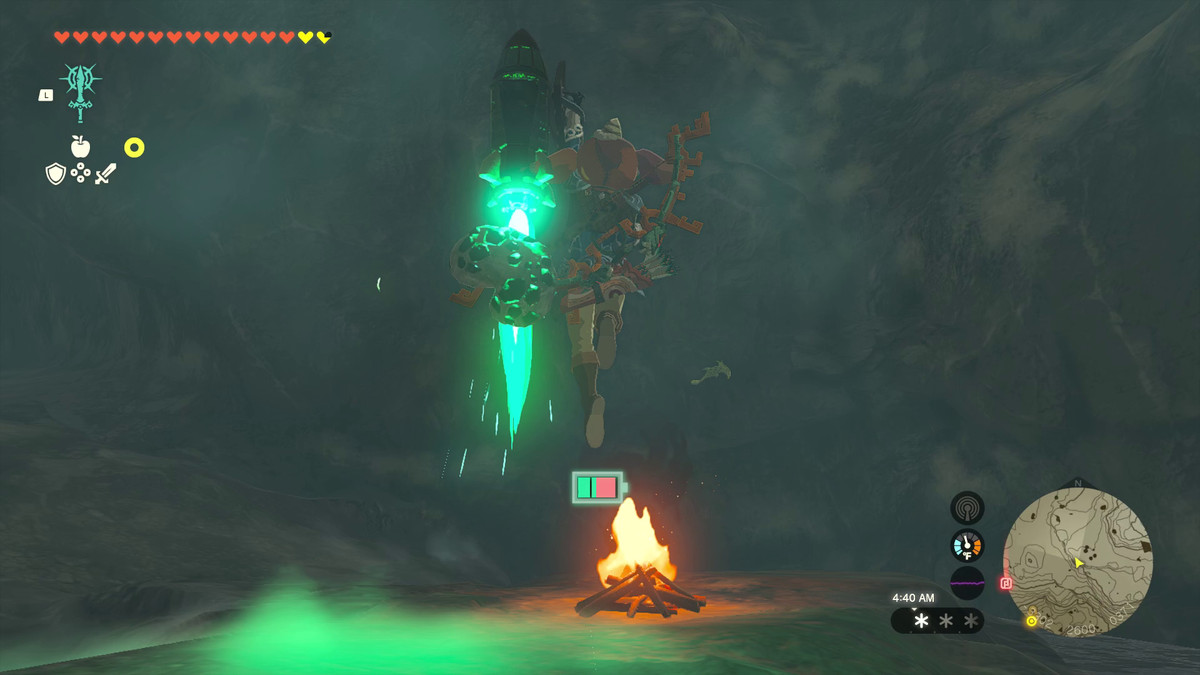Link che si lancia in aria usando uno scudo missilistico in The Legend of Zelda: Tears of the Kingdom