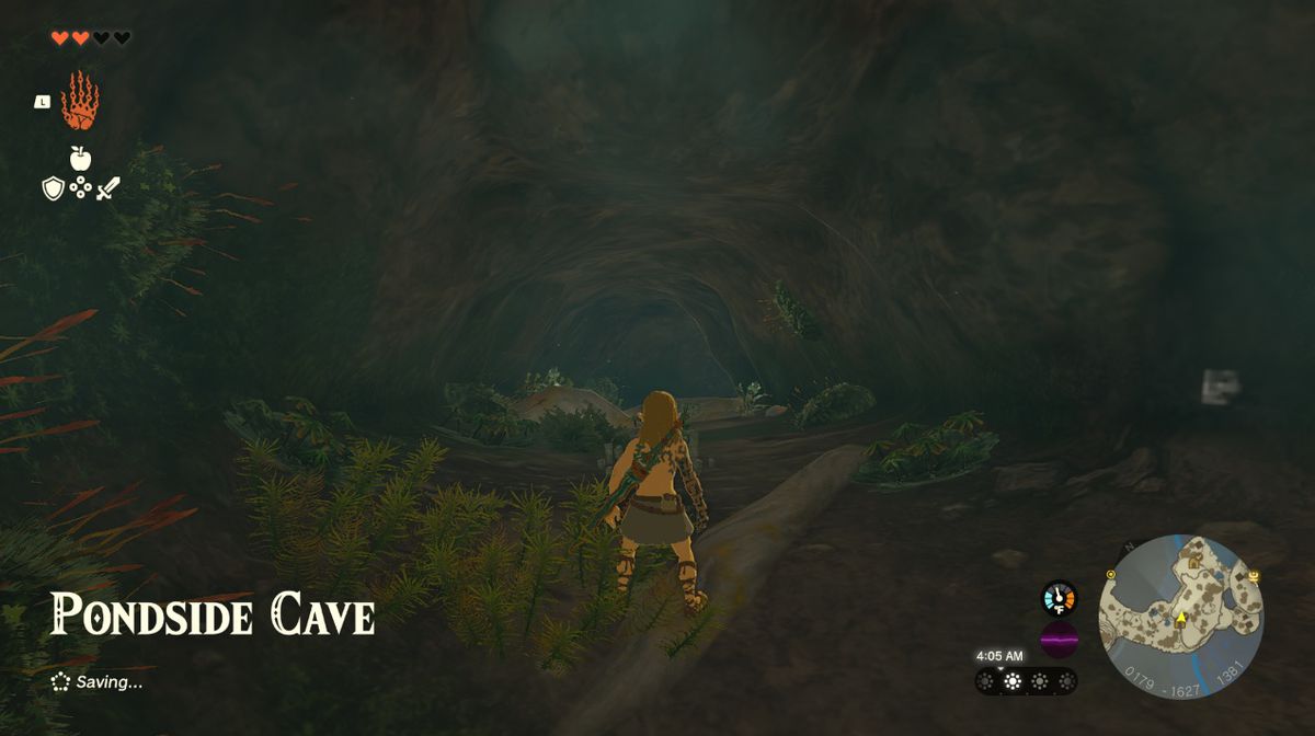 Link si trova all'ingresso della Pondside Cave di Great Sky Island in Zelda Tears of the Kingdom.