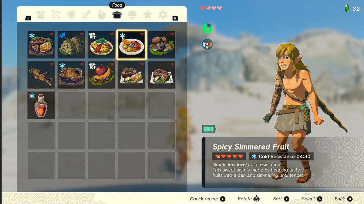 Link cucina un piatto con peperoncini piccanti in un menu in Zelda Tears of the Kingdom.
