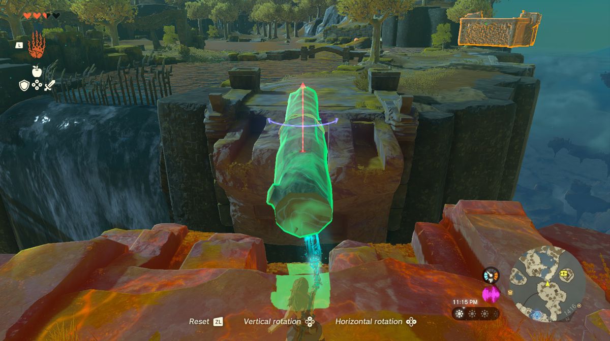 Link posiziona un tronco gigante tra due sporgenze sulla Great Sky Island in Zelda Tears of the Kingdom.
