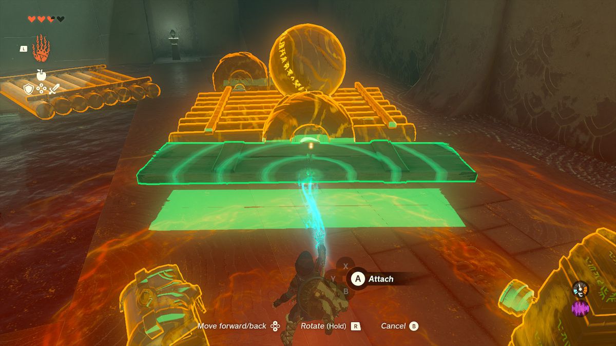 Link usa Ultrahand per collegare una palla a una zattera nel Santuario Tukarok in Zelda Tears of the Kingdom.