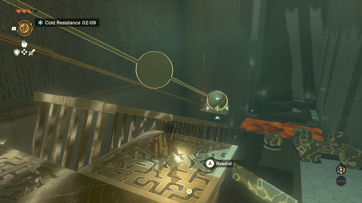 Link fa scivolare una sfera lungo un binario nel santuario di Tukarok in Zelda Tears of the Kingdom.
