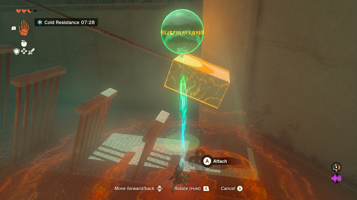 Link usa Ultrahand per trasportare una palla gigante nel Santuario Tukarok di Zelda Tears of the Kingdom.