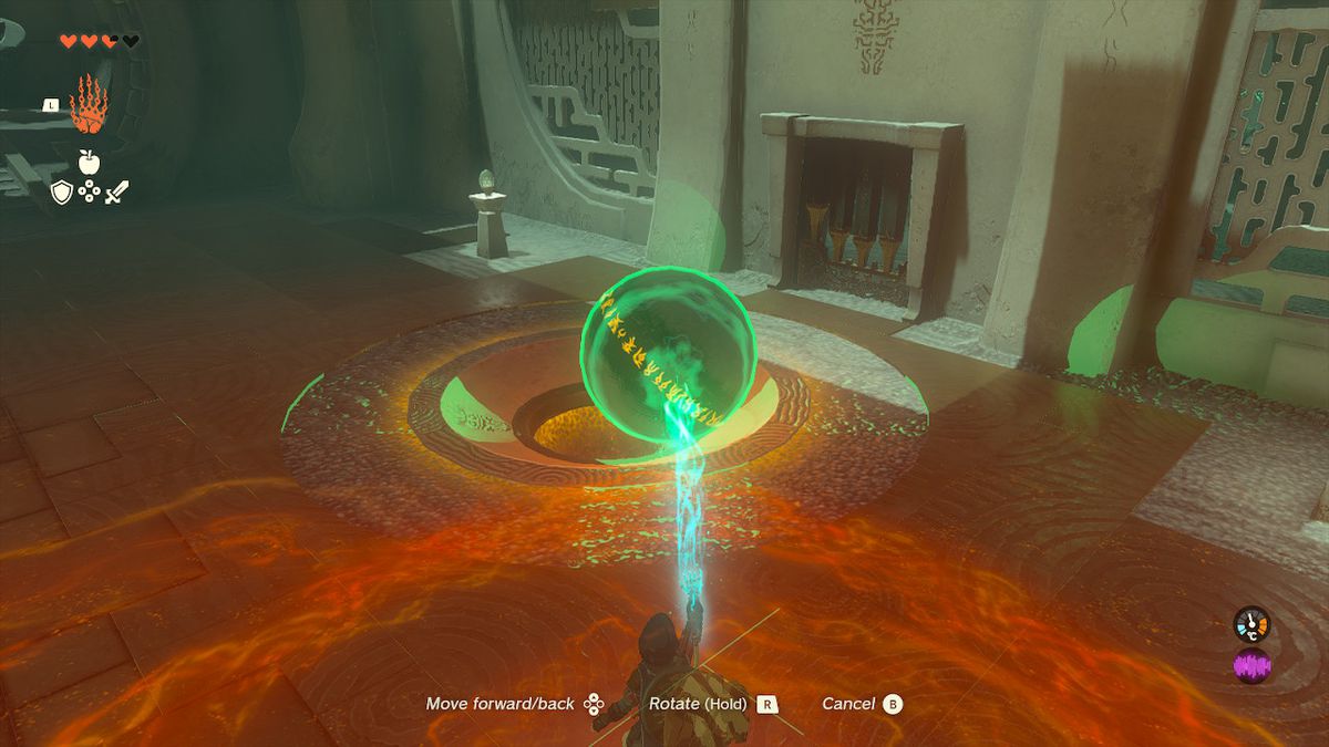 Link fa cadere una palla in una fossa nel Santuario Tukarok in Zelda Tears of the Kingdom.