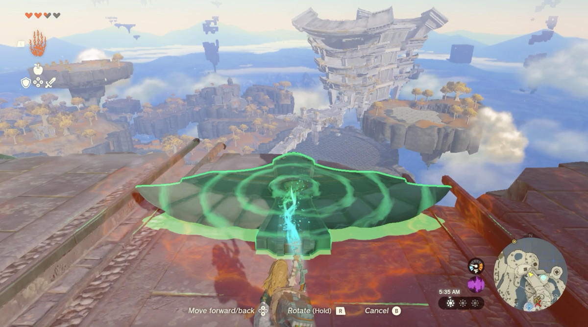 Link usa Ultrahand per riportare un'ala su una sporgenza del Tempio del Tempo sulla Great Sky Island in Zelda Tears of the Kingdom.