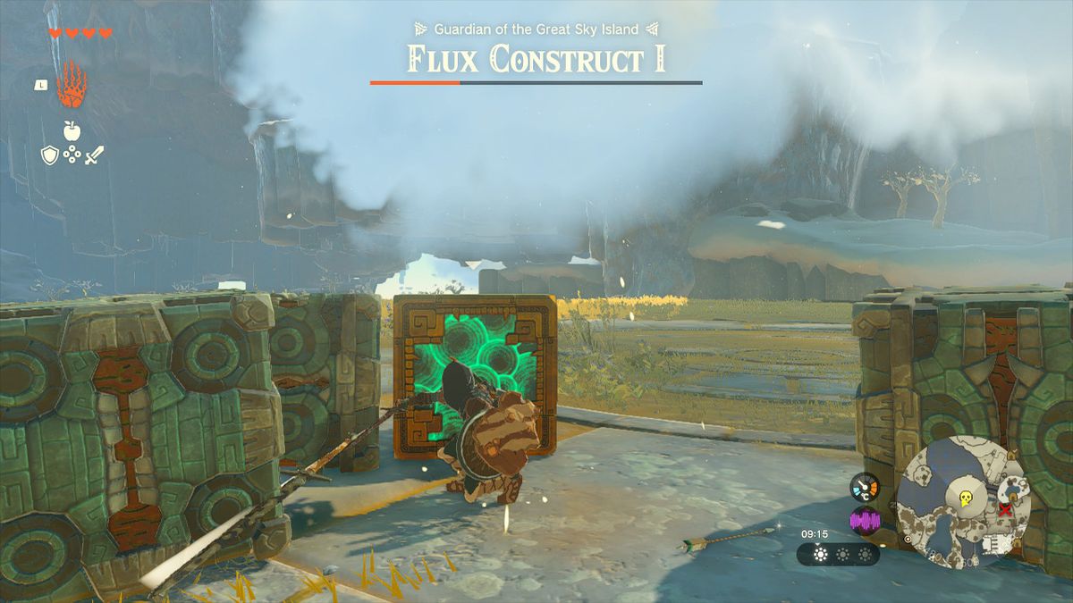 Link si nasconde dietro una scatola durante uno scontro con un boss contro Flux Construct 1 in Zelda: Tears of the Kingdom.