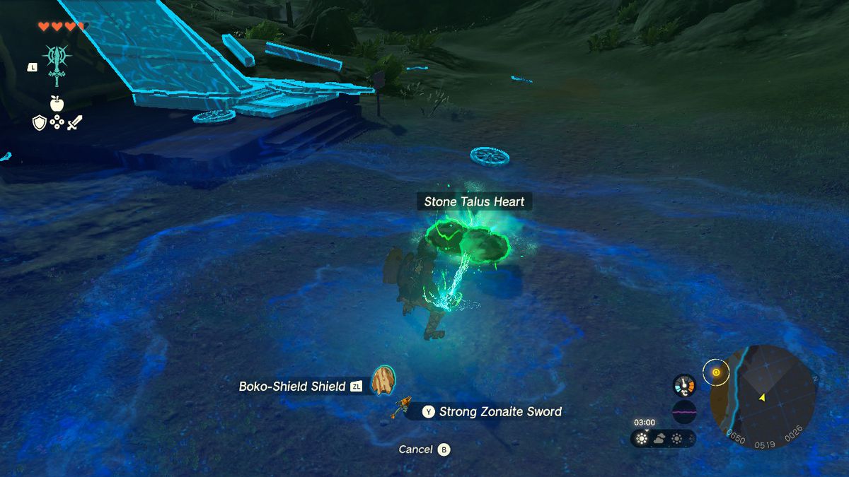 Link fonde uno Stone Talus Heart con una Zonaite Sword in Zelda Tears of the Kingdom