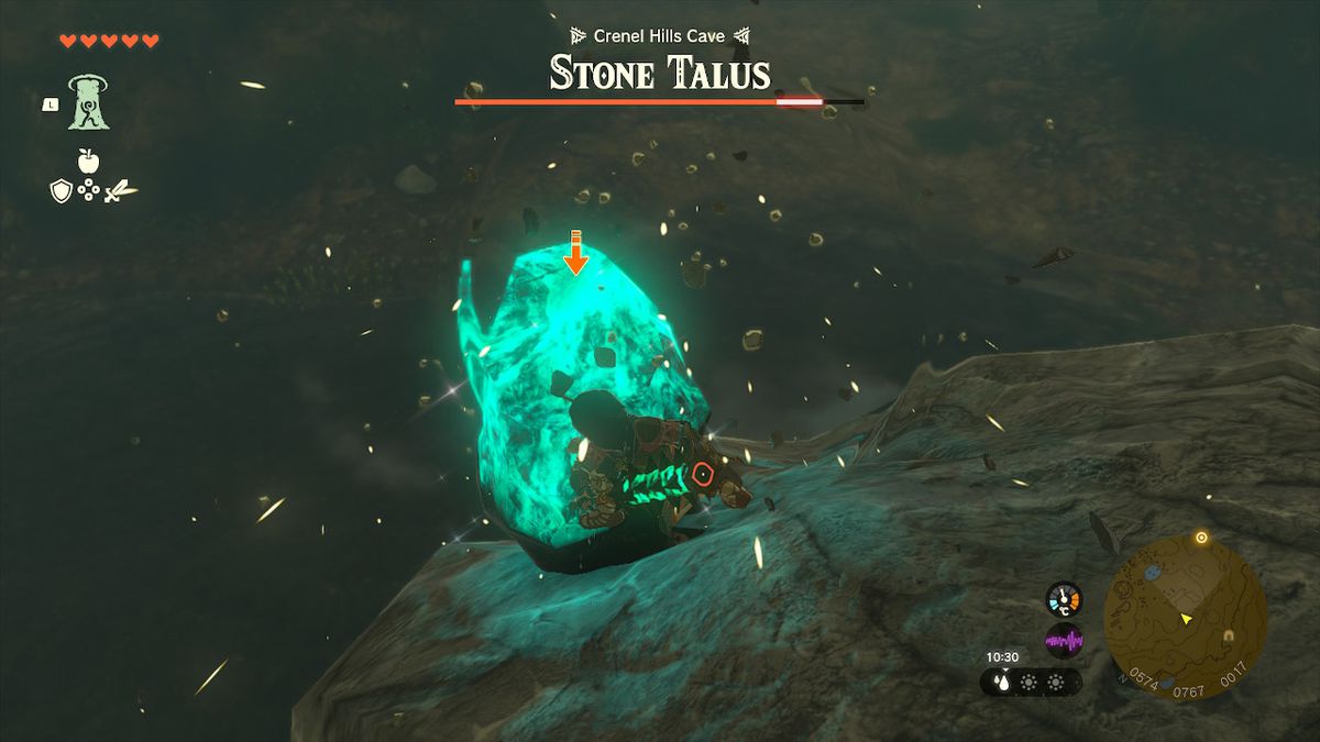 Link si lamenta sullo Stone Talus in una grotta in Zelda Tears of the Kingdom.