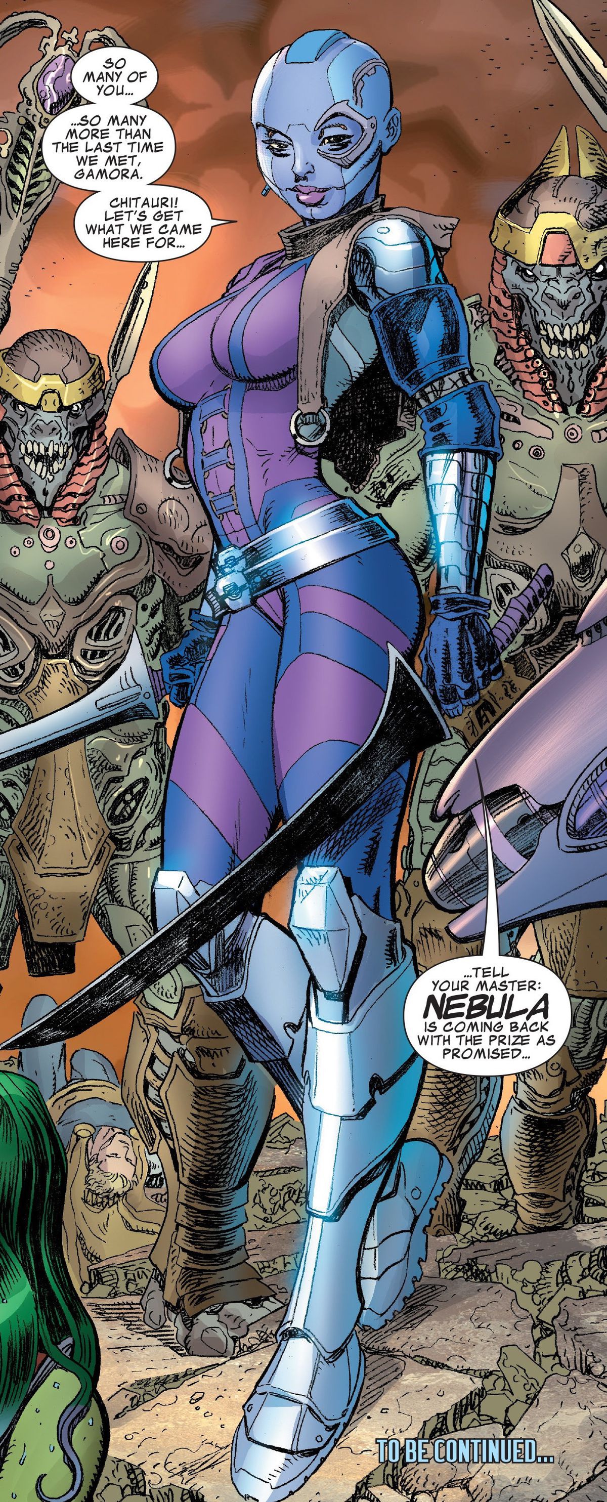 Nebula, che impugna due spade e assomiglia molto alla sua versione di Karen Gillan in Marvel Team-Up # 1 (2015).