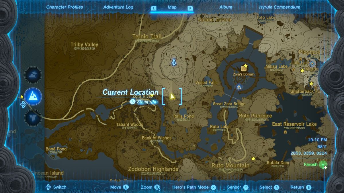 Uno screenshot della posizione sulla mappa di Upland Zorana Byroad in Zelda: Tears of the Kingdom