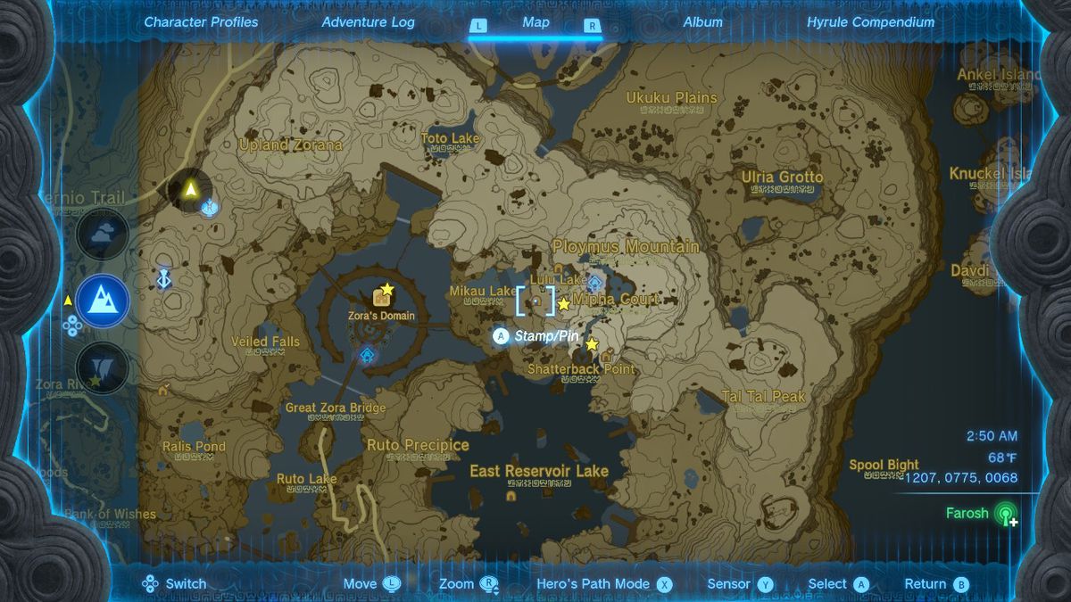 Uno screenshot della posizione sulla mappa della Ploymus Mountain Cave in Zelda: Tears of the Kingdom