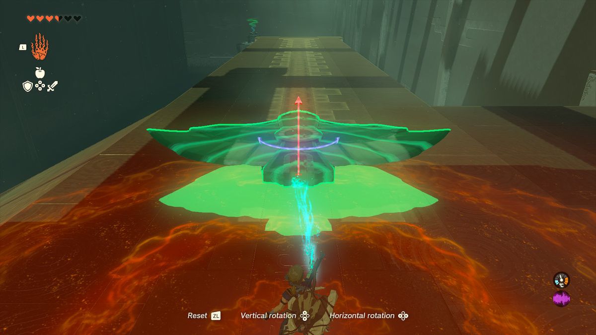 Link usa l'ultrahand per allineare un'ala su una passerella nel Santuario Jirutagumac in Zelda Tears of the Kingdom.