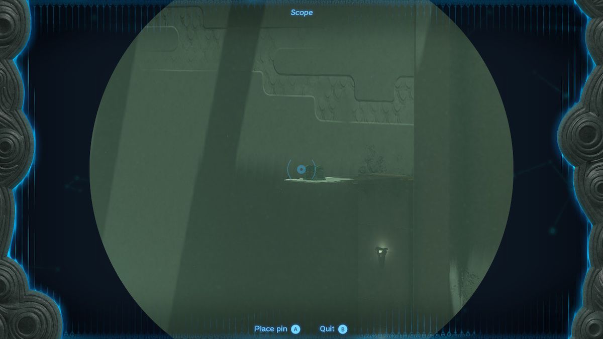 Link usa il mirino per fissare una cassa su una sporgenza nel Santuario Jirutagumac in Zelda Tears of the Kingdom.