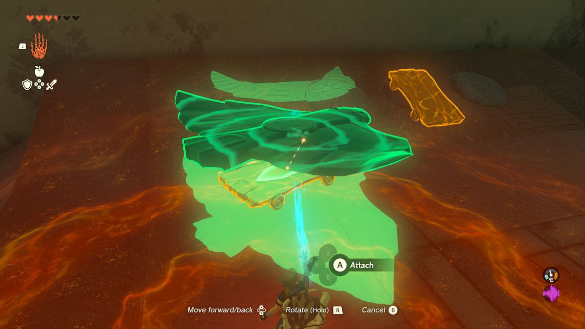 Link usa l'ultrahand per mettere un'ala su un carro nel Santuario Jirutagumac in Zelda Tears of the Kingdom.