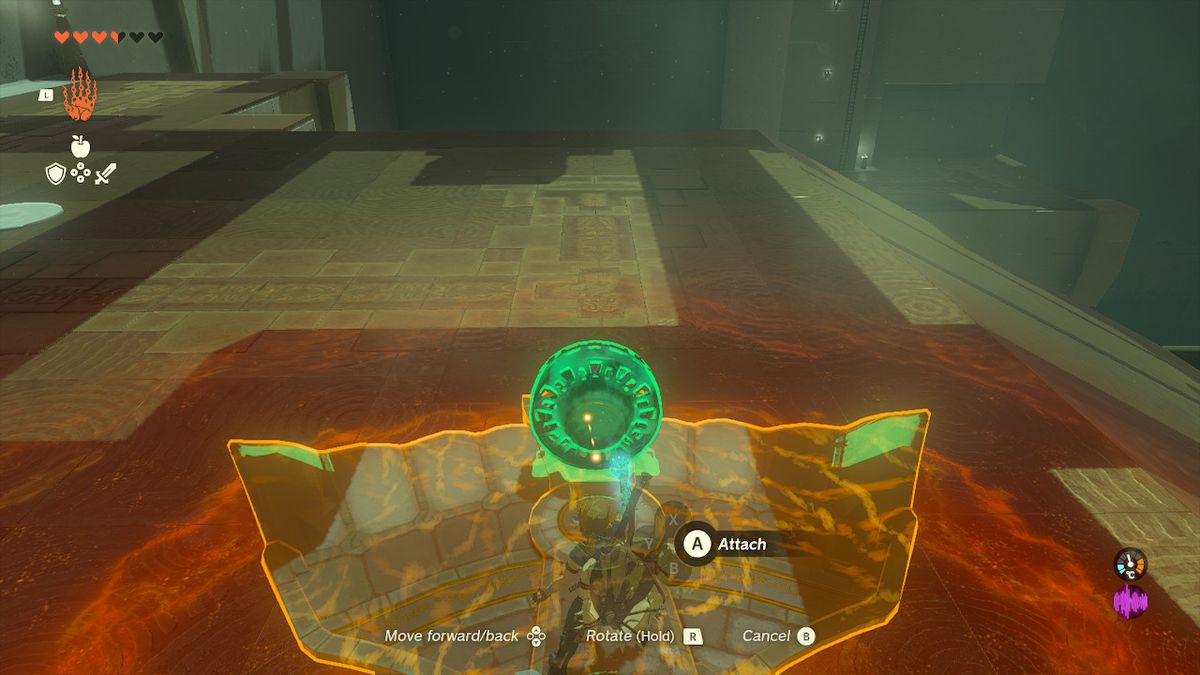 Link usa l'ultrahand per posizionare un ventaglio su un'ala nel Santuario Jirutagumac in Zelda Tears of the Kingdom.