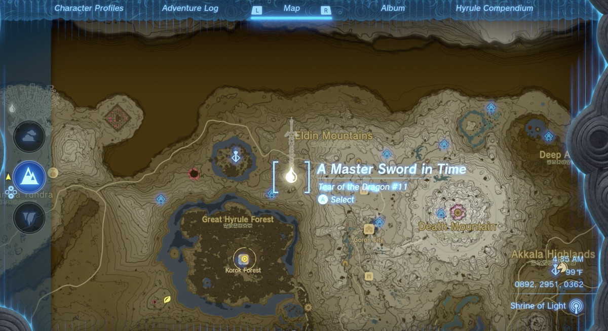 La posizione sulla mappa del glifo e di Dragon Tear #11 in The Legend of Zelda: Tears of the Kingdom