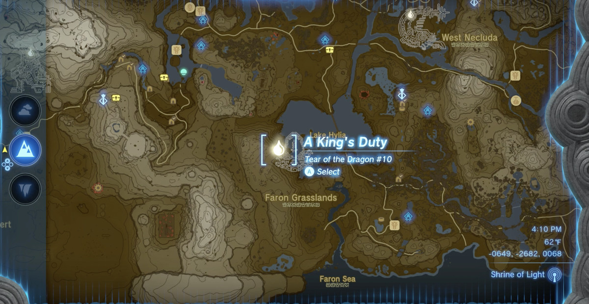 Link si trova vicino alla pozzanghera di Dragon Tear sulle rive occidentali del Lago Hylia in The Legend of Zelda: Tears of the Kingdom