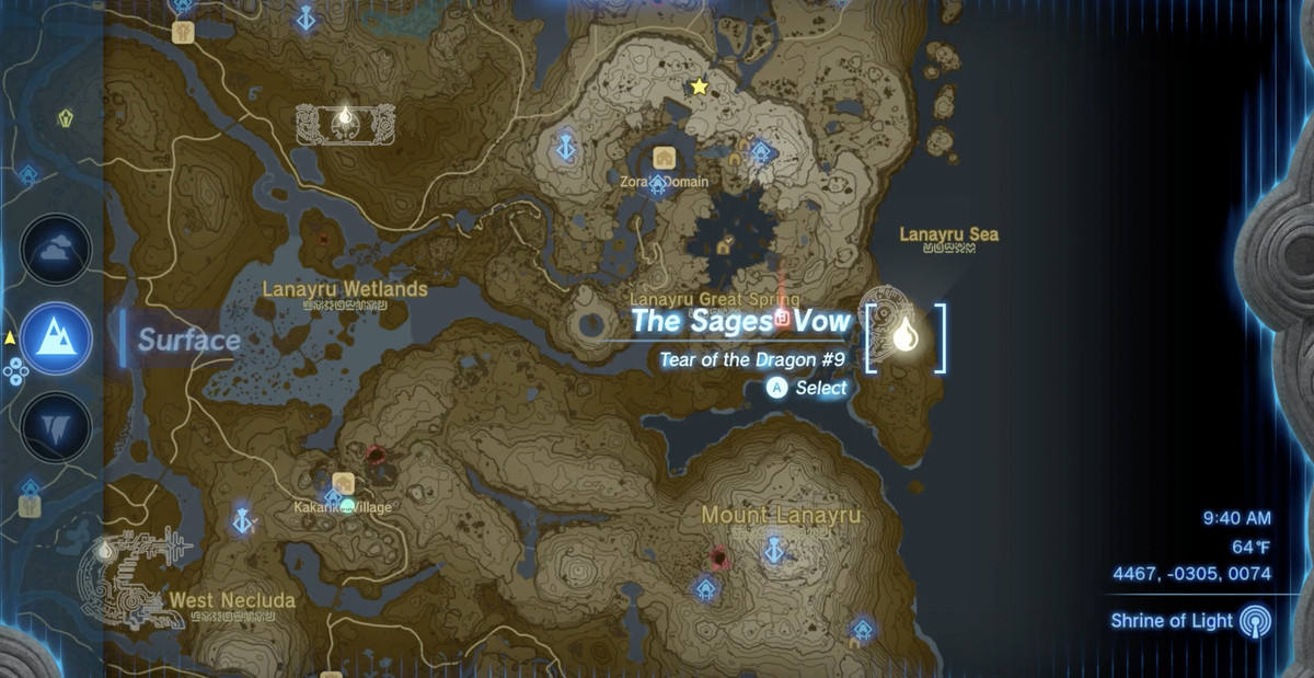 La posizione del glifo e la posizione di Dragon Tear per Tear#9: The Sages' Vow in The Legend of Zelda: Tears of the Kingdom