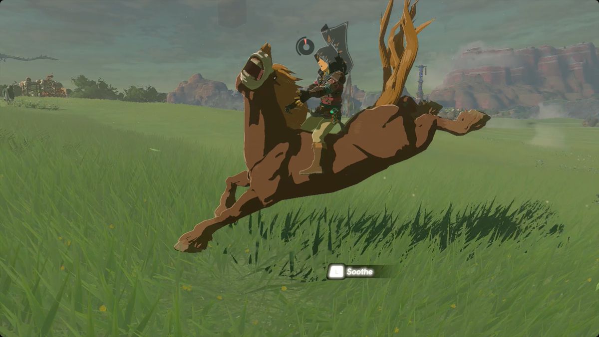 The Legend of Zelda: Tears of the Kingdom Link che tenta di calmare un cavallo in fuga