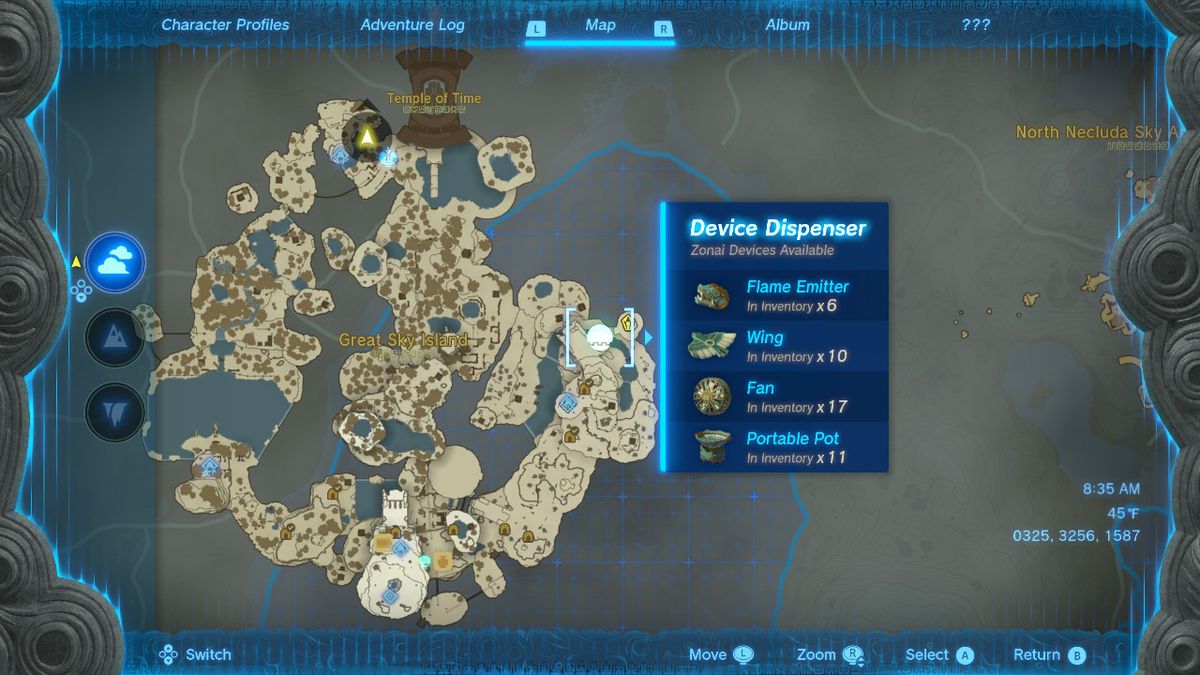Una mappa di Great Sky Island in The Legend of Zelda: Tears of the Kingdom