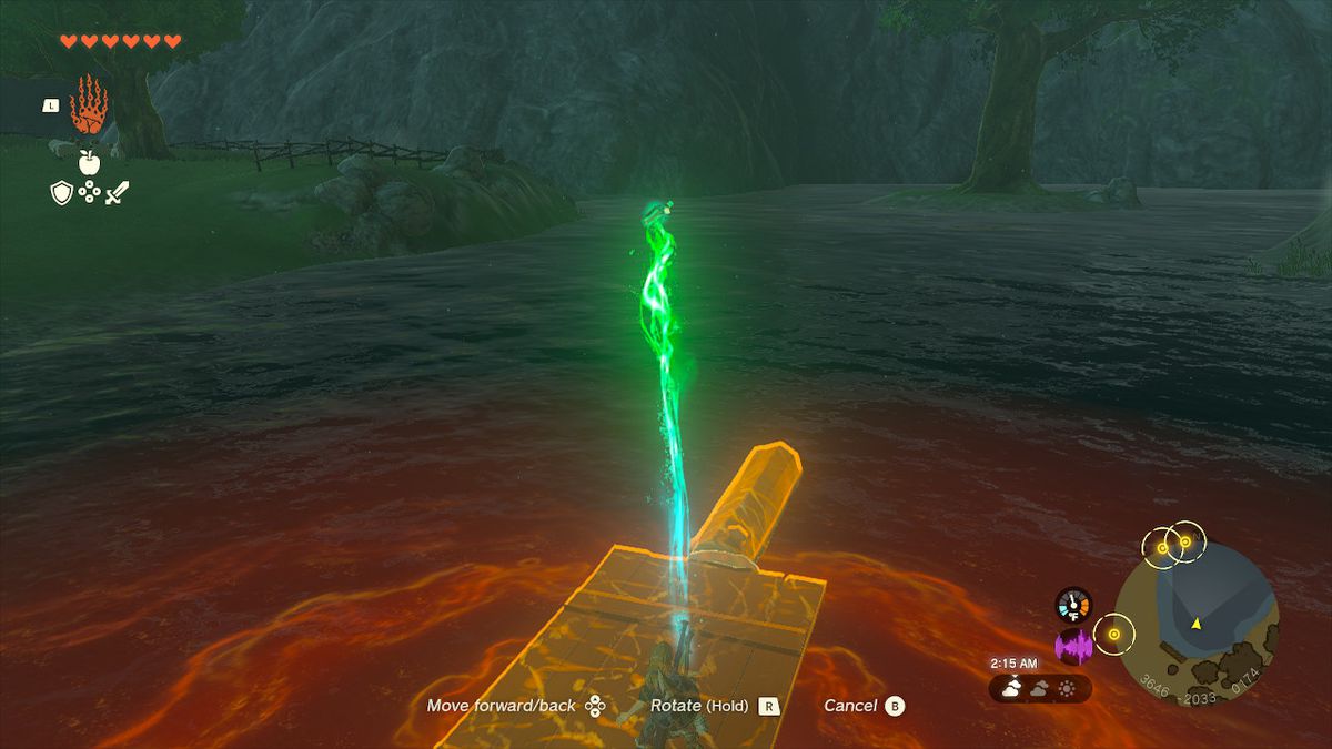 Usare Ultrahand per afferrare una bottiglia da un molo improvvisato in Zelda: Tears of the Kingdom