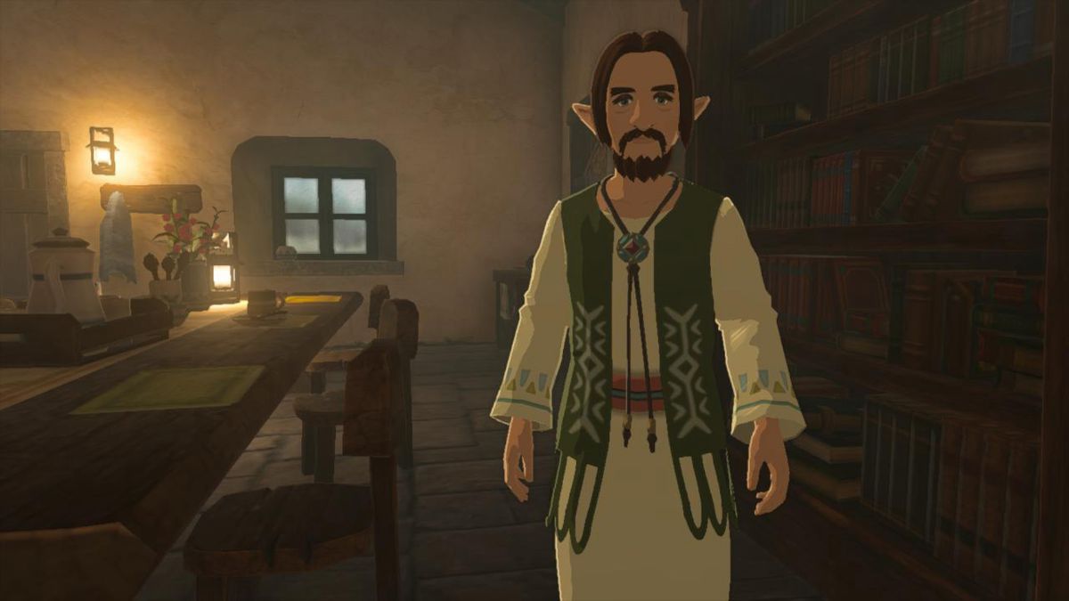 Un uomo con barba e baffi in piedi all'interno di una casa in The Legend of Zelda: Tears of the Kingdom
