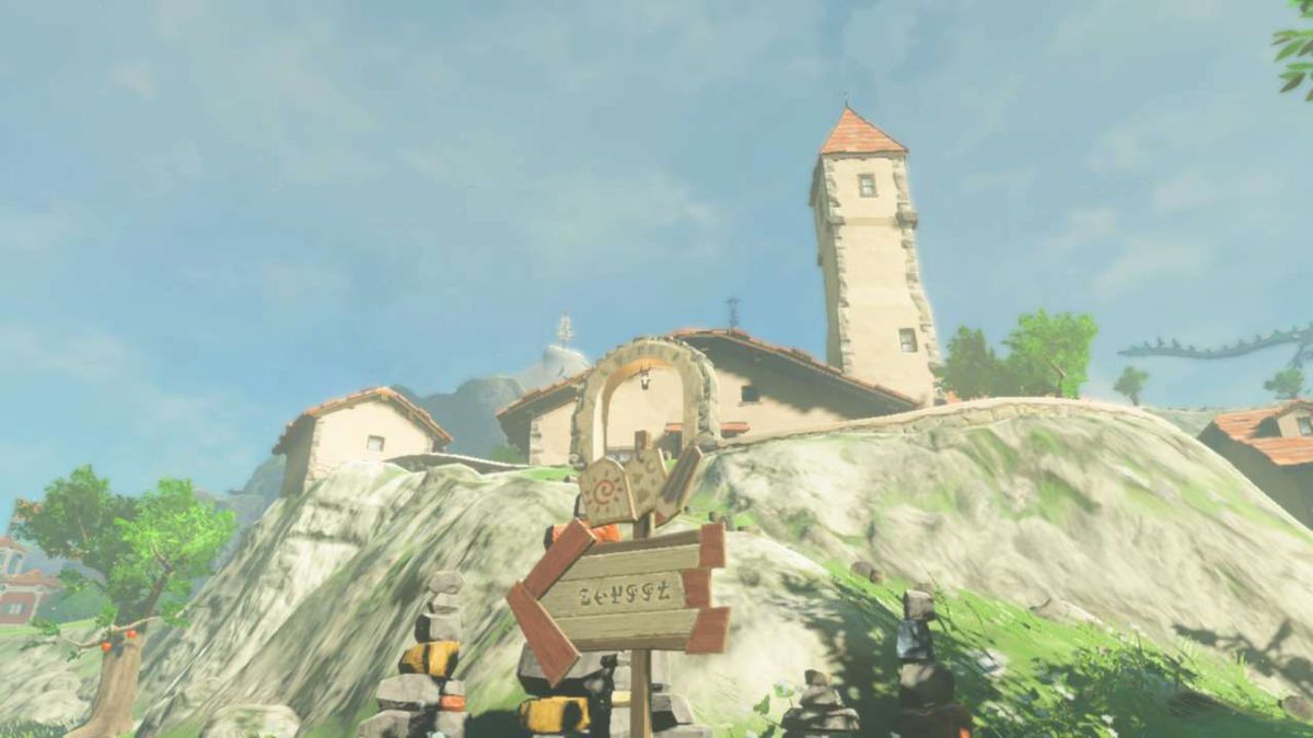 La casa di Reede su una collina, con un cartello davanti a Zelda: Tears of the Kingdom