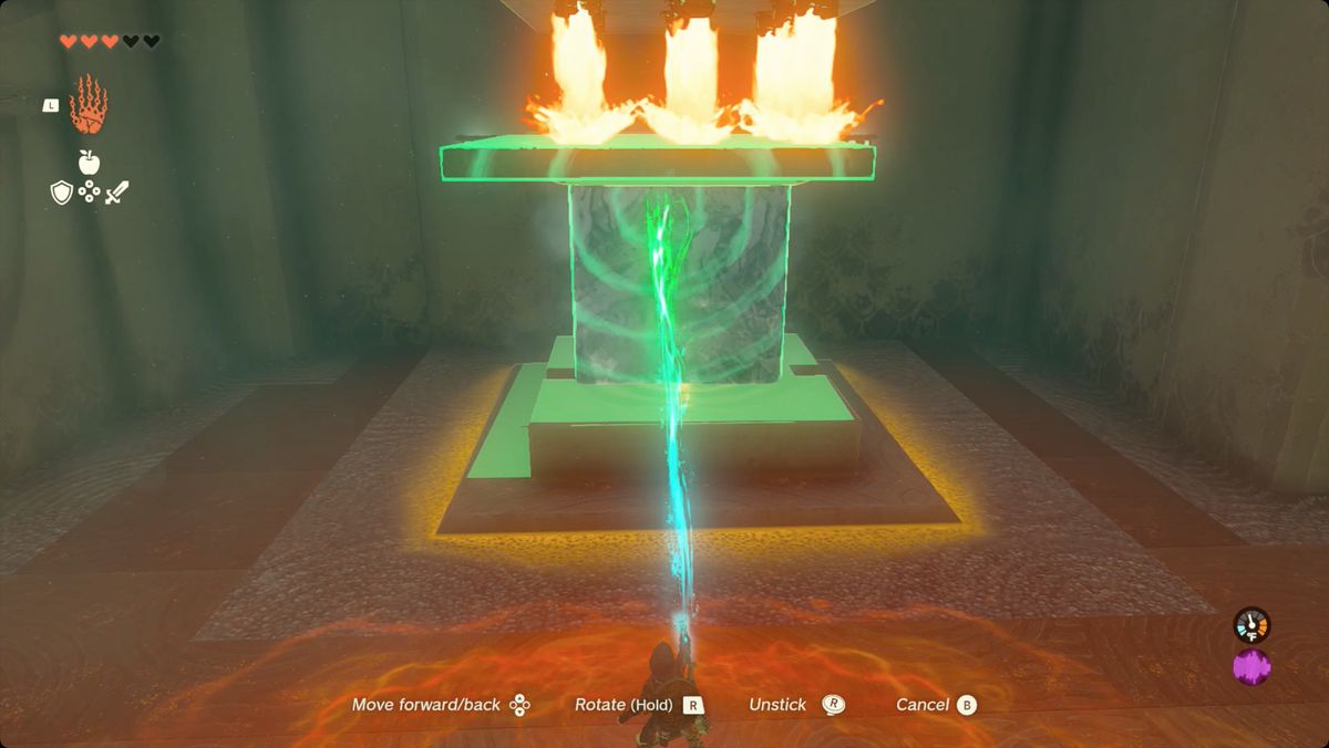 The Legend of Zelda: Tears of the Kingdom Link posiziona un blocco di ghiaccio con un pannello di pietra attaccato in alto su un pulsante nel Santuario Kiuyoyou.