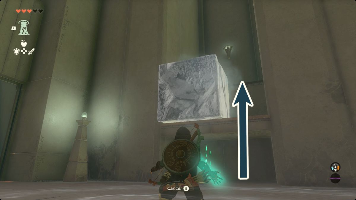The Legend of Zelda: Tears of the Kingdom Link posiziona il blocco di ghiaccio nel Santuario Kiuyoyou per raggiungere il forziere