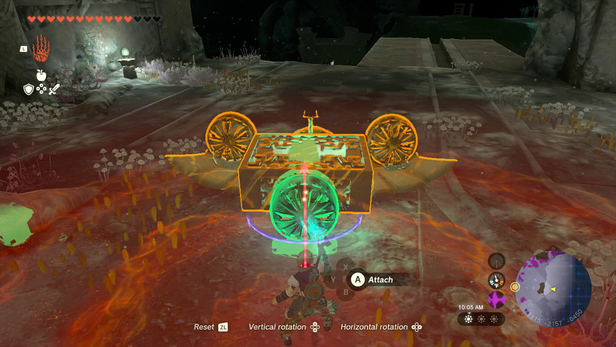 Link in Tears of the Kingdom attacca più ventole, una scatola con una gamba e un dispositivo di guida su un dispositivo Zonai ad ala per volare nelle profondità
