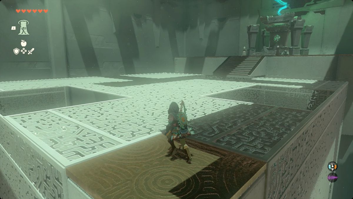 The Legend of Zelda: Tears of the Kingdom Link in piedi in cima alla gabbia nel Santuario di Domizuin