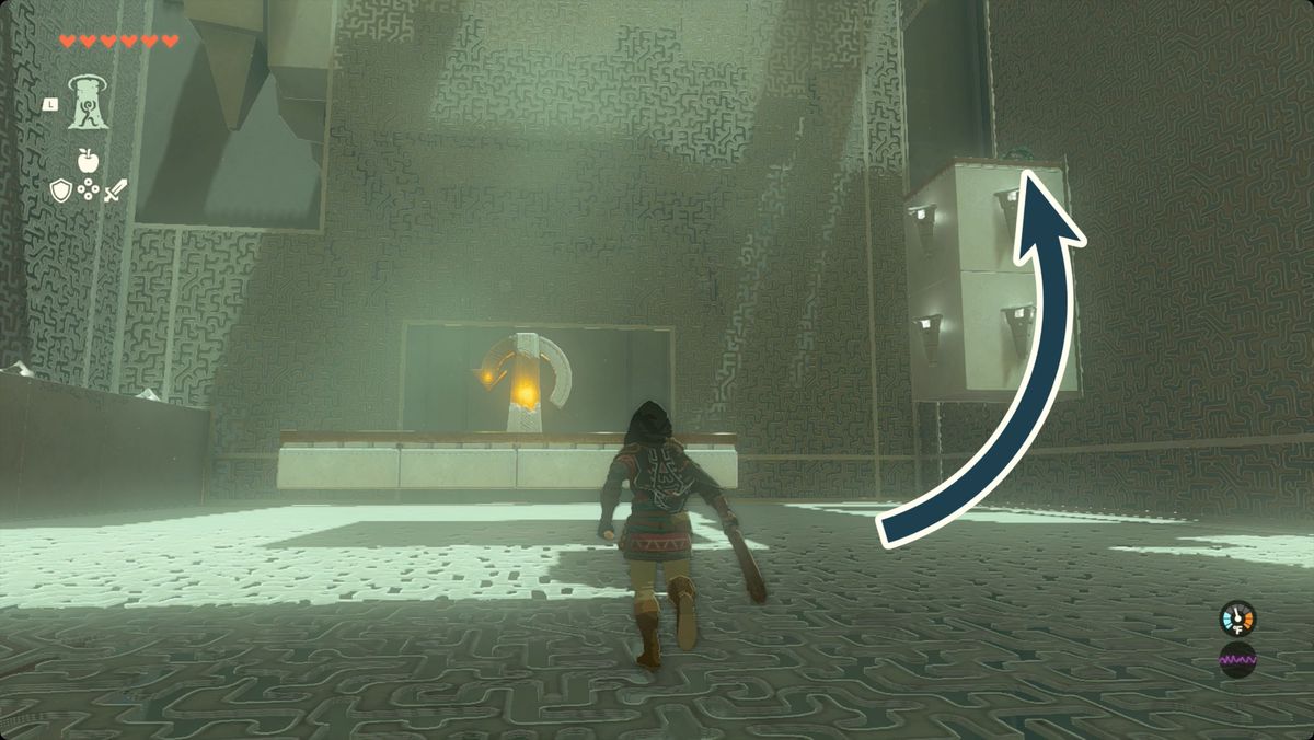 The Legend of Zelda: Tears of the Kingdom Link all'interno della gabbia nel Santuario di Domizuin con una freccia che punta verso una cassa