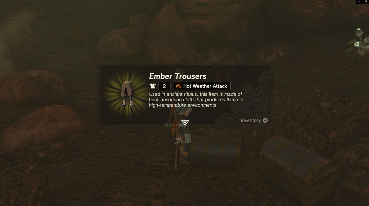 Link apre una cassa contenente i Pantaloni di Brace nella Caverna dei forzieri di Misko in The Legend of Zelda: Tears of the Kingdom