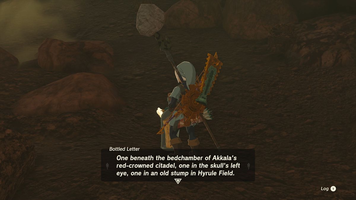 Link legge una lettera di Misko che descrive in dettaglio le posizioni dell'armatura della divinità feroce in The Legend of Zelda: Tears of the Kingdom