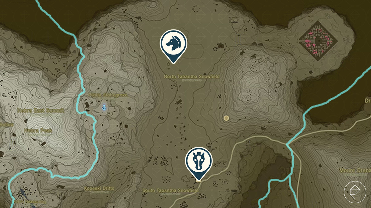 Mappa di The Legend of Zelda: Tears of the Kingdom che mostra la posizione di Snowfield Stable e dove si trova il cavallo d'oro di Zelda.