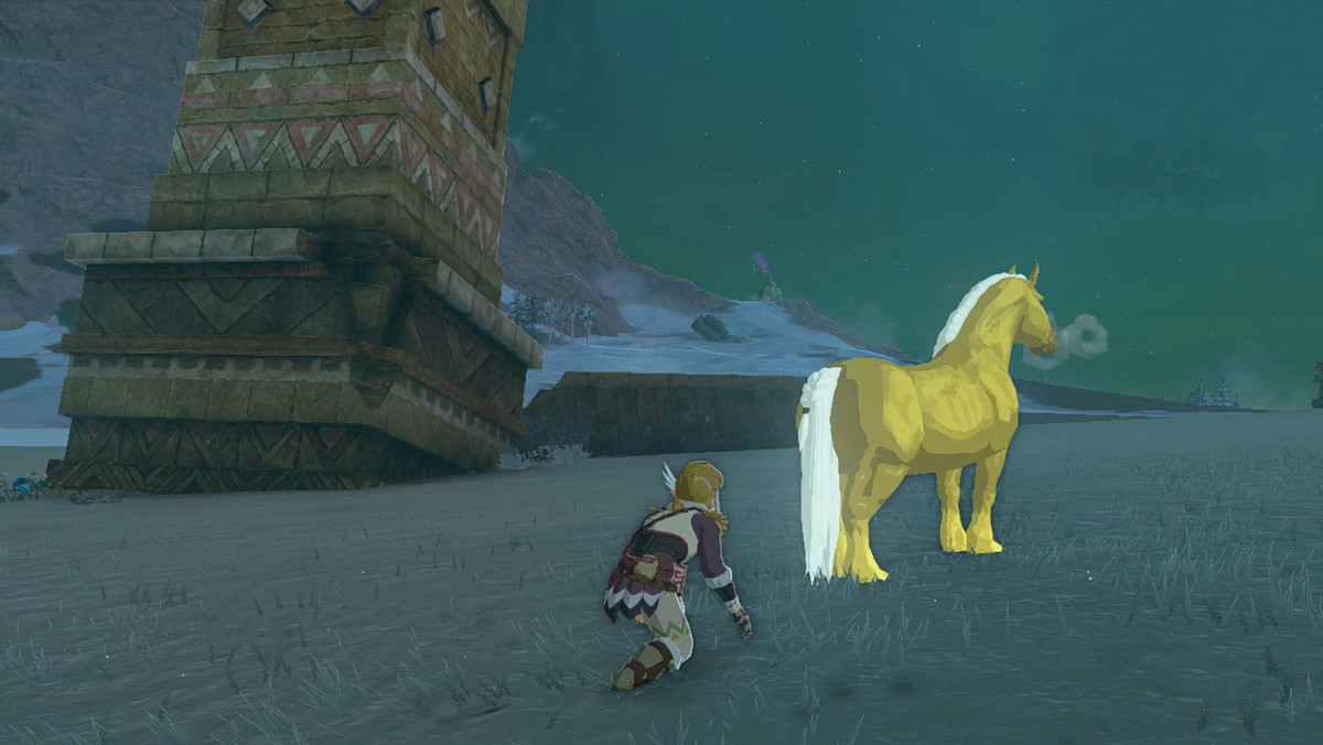 The Legend of Zelda: Tears of the Kingdom Link si avvicina di soppiatto al cavallo d'oro di Zelda