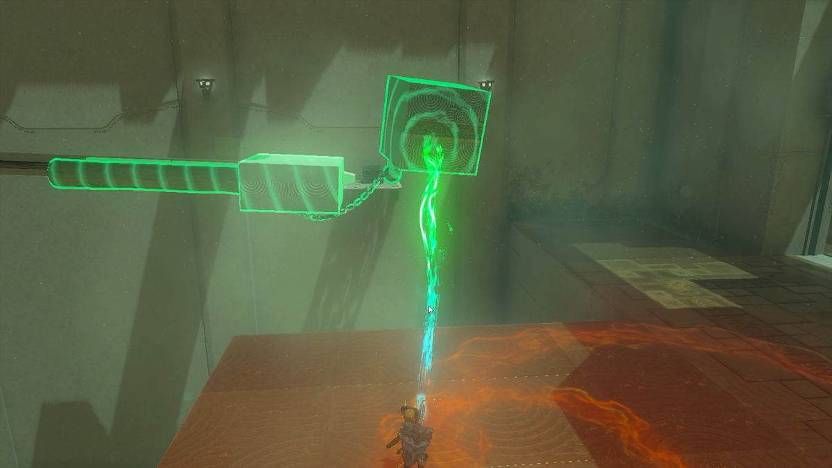 Tronco attaccato a un blocco attaccato a una sfera di metallo attaccata a un grande cubo di metallo nel Santuario Musanokir in The Legend of Zelda: Tears of the Kingdom