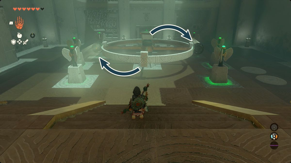 The Legend of Zelda: Tears of the Kingdom Link usa due ventole per far girare la grande ruota nel Santuario di Kisinona
