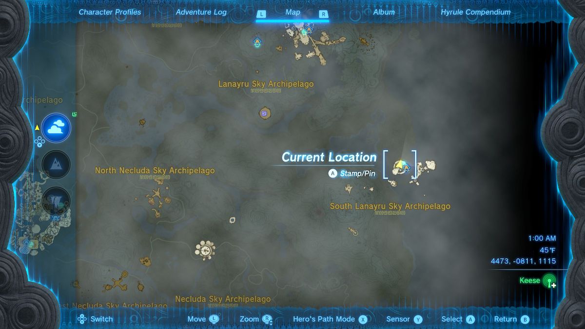 Uno screenshot della posizione sulla mappa di Valor Island in Zelda: Tears of the Kingdom