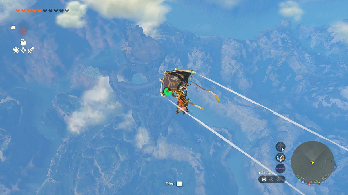 Link si dirige in parapendio verso Courage Island da lontano in Zelda: Tears of the Kingdom