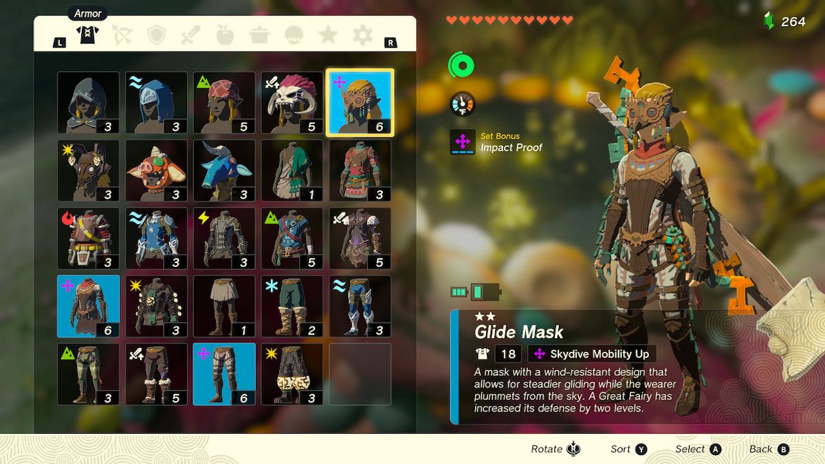 Uno screenshot del menu dell'armatura, che evidenzia la maschera scorrevole con il bonus del set a prova d'impatto per aver indossato l'intero set in Zelda: Tears of the Kingdom