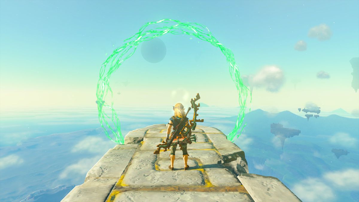 Link si trova davanti a uno degli anelli verdi della sfida di paracadutismo in Zelda: Tears of the Kingdom