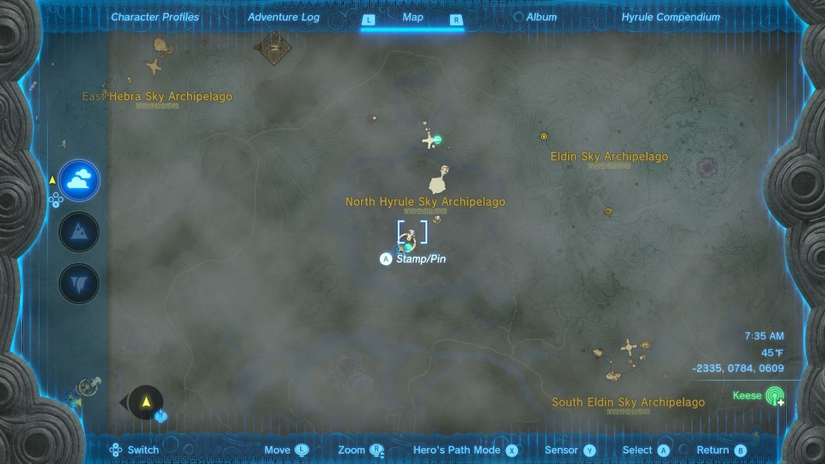 Uno screenshot della posizione sulla mappa di Bravery Island in Zelda: Tears of the Kingdom