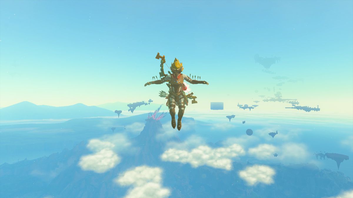 Link è sospeso in aria con le braccia tese dopo aver utilizzato una Skyview Tower in Zelda: Tears of the Kingdom